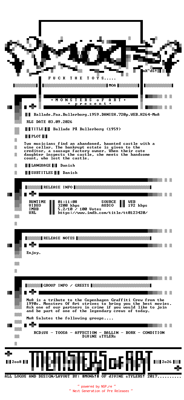 NFO for the release Ballade.Paa.Bullerborg.1959.DANISH.720p.WEB.H264-MoA by MoA
