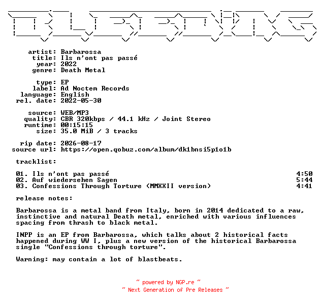 NFO for the release Barbarossa-Ils_nont_pas_passe-EP-WEB-2022-BLEEDiNG by BLEEDiNG