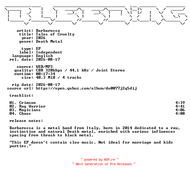 NFO for the release Barbarossa-Tales_of_Cruelty-EP-WEB-2026-BLEEDiNG by BLEEDiNG