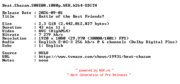NFO for the release Beat.Shazam.S08E08.1080p.WEB.h264-EDITH by EDITH