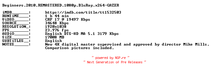 NFO for the release Beginners.2010.REMASTERED.1080p.BluRay.x264-GAZER by GAZER