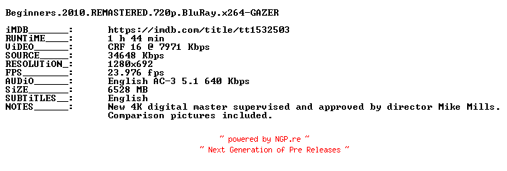 NFO for the release Beginners.2010.REMASTERED.720p.BluRay.x264-GAZER by GAZER