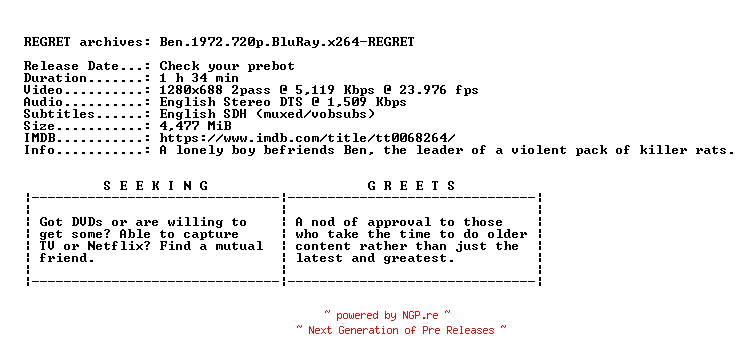 NFO for the release Ben.1972.720p.BluRay.x264-REGRET by REGRET