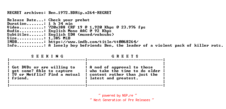 NFO for the release Ben.1972.BDRip.x264-REGRET by REGRET