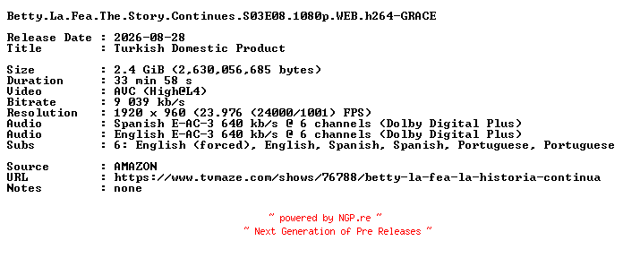 NFO for the release Betty.La.Fea.The.Story.Continues.S03E08.1080p.WEB.h264-GRACE by GRACE