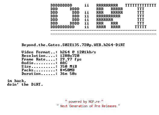 NFO for the release Beyond.the.Gates.S02E135.720p.WEB.h264-DiRT by DiRT