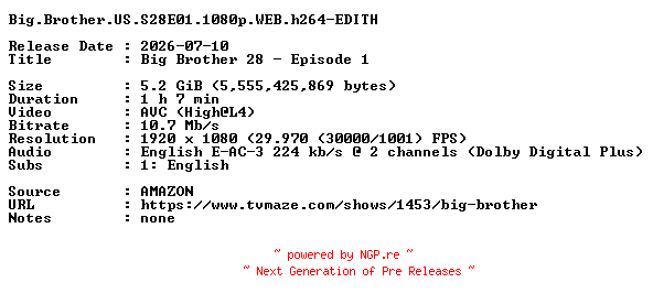 NFO for the release Big.Brother.US.S28E01.1080p.WEB.h264-EDITH by EDITH