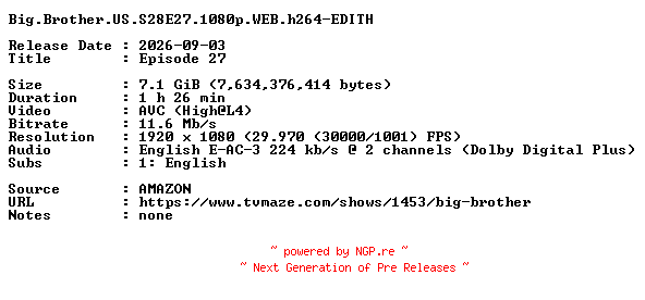 NFO for the release Big.Brother.US.S28E27.1080p.WEB.h264-EDITH by EDITH