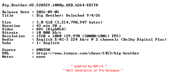 NFO for the release Big.Brother.US.S28E29.1080p.WEB.h264-EDITH by EDITH