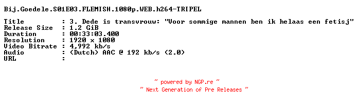 NFO for the release Bij.Goedele.S01E03.FLEMISH.1080p.WEB.h264-TRIPEL by TRIPEL