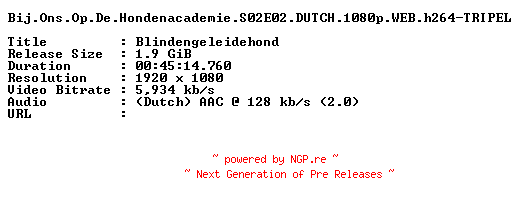 NFO for the release Bij.Ons.Op.De.Hondenacademie.S02E02.DUTCH.1080p.WEB.h264-TRIPEL by TRIPEL
