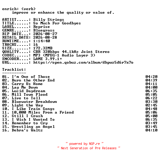 NFO for the release Billy_Strings-So_Much_For_Goodbyes-WEB-2026-ENRiCH by ENRiCH