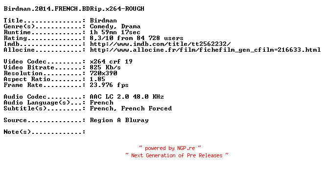 NFO for the release Birdman.2014.FRENCH.BDRip.x264-ROUGH by ROUGH