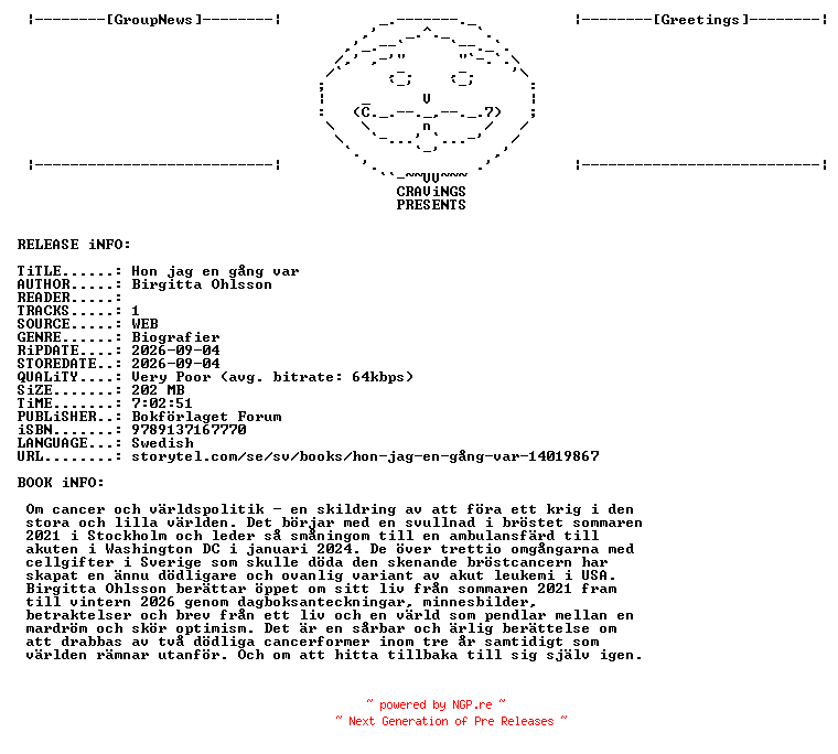 NFO for the release Birgitta_Ohlsson_-_Hon_Jag_En_Gaang_Var-AUDiOBOOK-WEB-SE-2026-CRAViNGS_iNT by CRAViNGS_iNT
