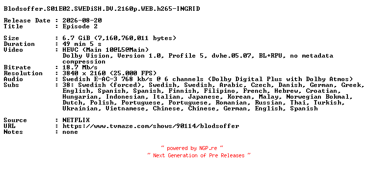 NFO for the release Blodsoffer.S01E02.SWEDiSH.DV.2160p.WEB.h265-INGRID by INGRID