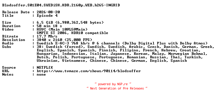 NFO for the release Blodsoffer.S01E04.SWEDiSH.HDR.2160p.WEB.h265-INGRID by INGRID