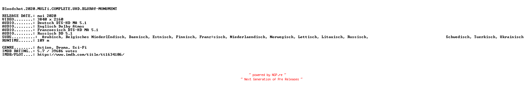 NFO for the release Bloodshot.2020.MULTi.COMPLETE.UHD.BLURAY-MONUMENT by MONUMENT