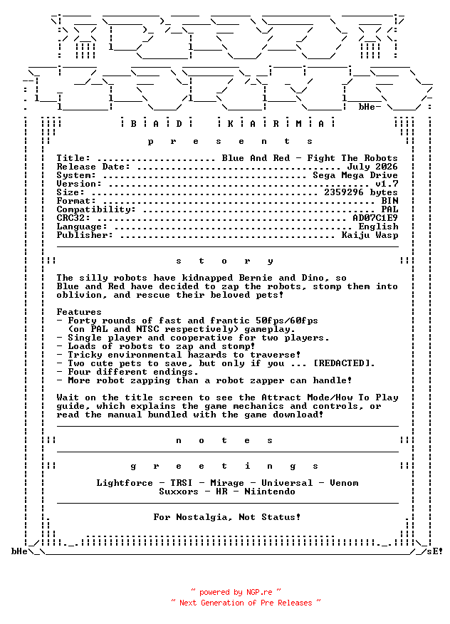 NFO for the release Blue_And_Red_Fight_The_Robots_v1.7_PAL_SMD-bADkARMA by bADkARMA