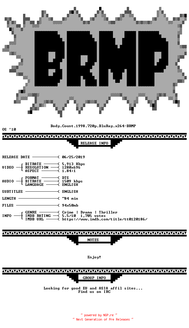 NFO for the release Body.Count.1998.720p.BluRay.x264-BRMP by BRMP