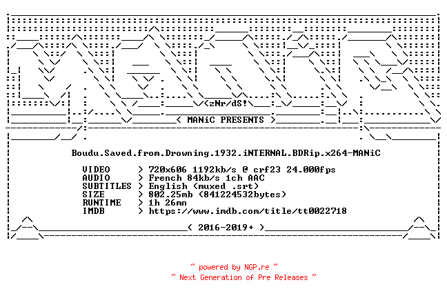 NFO for the release Boudu.Saved.from.Drowning.1932.iNTERNAL.BDRip.x264-MANiC by MANiC