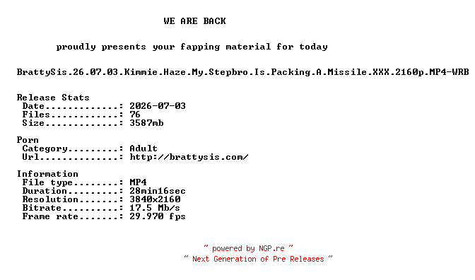 NFO for the release BrattySis.26.07.03.Kimmie.Haze.My.Stepbro.Is.Packing.A.Missile.XXX.2160p.MP4-WRB by WRB