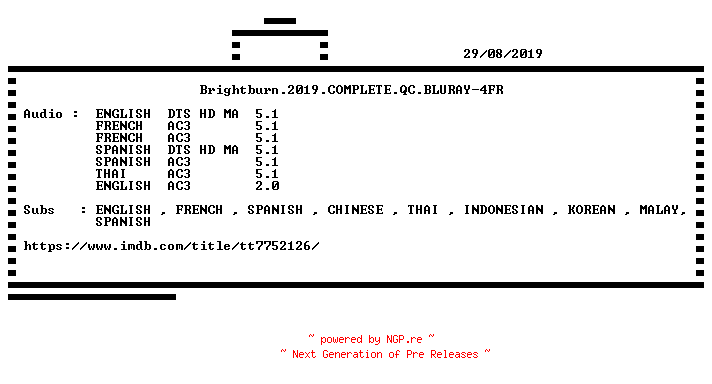 NFO for the release Brightburn.2019.COMPLETE.QC.BLURAY-4FR by 4FR