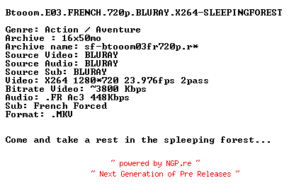NFO for the release Btooom.E03.FRENCH.720p.BLURAY.X264-SLEEPINGFOREST by SLEEPINGFOREST