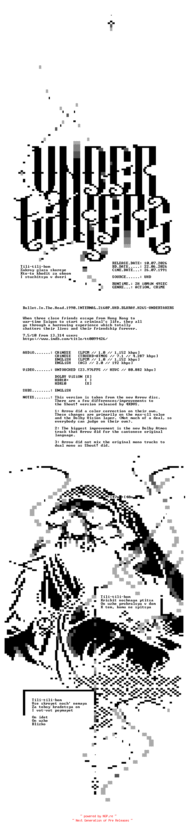 NFO for the release Bullet.In.The.Head.1990.INTERNAL.2160P.UHD.BLURAY.H265-UNDERTAKERS by UNDERTAKERS