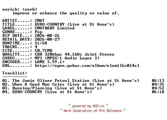 NFO for the release CMAT-EURO-COUNTRY_(Live_at_St_Annes)-EP-WEB-2026-ENRiCH by ENRiCH