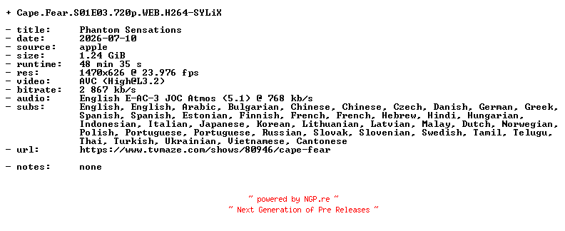 NFO for the release Cape.Fear.S01E03.720p.WEB.H264-SYLiX by SYLiX