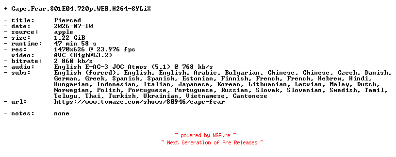 NFO for the release Cape.Fear.S01E04.720p.WEB.H264-SYLiX by SYLiX