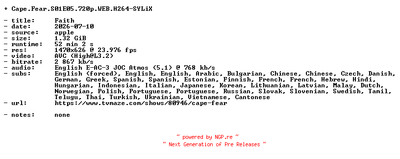NFO for the release Cape.Fear.S01E05.720p.WEB.H264-SYLiX by SYLiX
