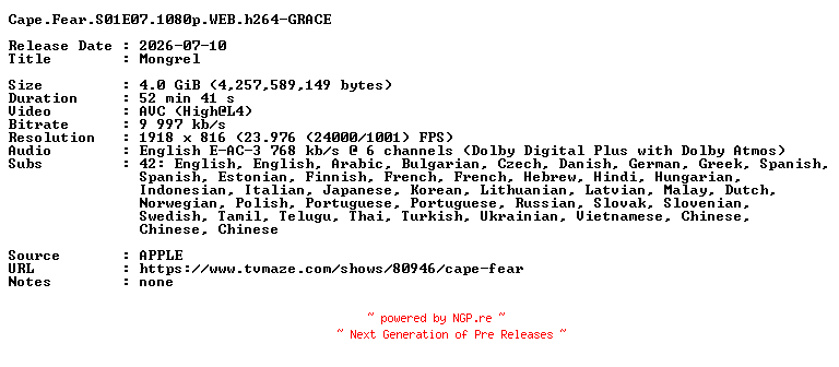 NFO for the release Cape.Fear.S01E07.1080p.WEB.h264-GRACE by GRACE