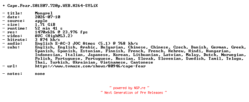 NFO for the release Cape.Fear.S01E07.720p.WEB.H264-SYLiX by SYLiX