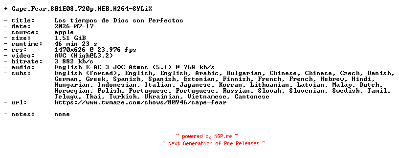 NFO for the release Cape.Fear.S01E08.720p.WEB.H264-SYLiX by SYLiX