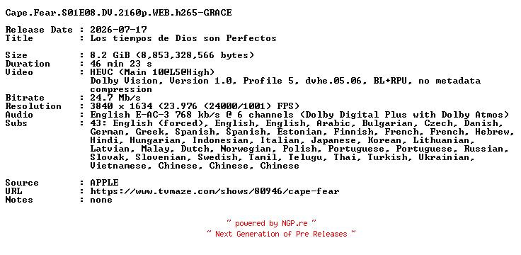 NFO for the release Cape.Fear.S01E08.DV.2160p.WEB.h265-GRACE by GRACE