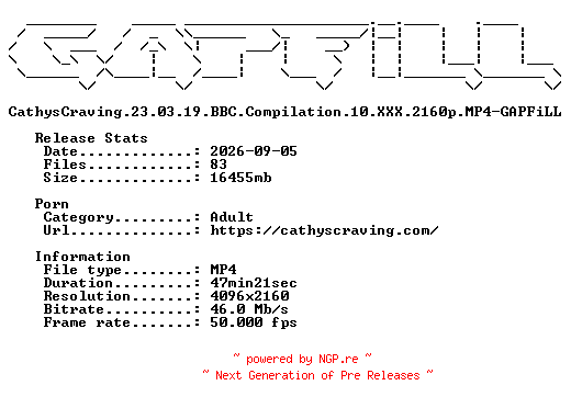 NFO for the release CathysCraving.23.03.19.BBC.Compilation.10.XXX.2160p.MP4-GAPFiLL by GAPFiLL