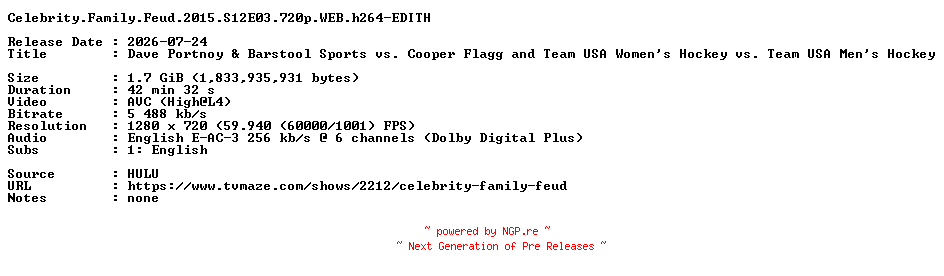 NFO for the release Celebrity.Family.Feud.2015.S12E03.720p.WEB.h264-EDITH by EDITH