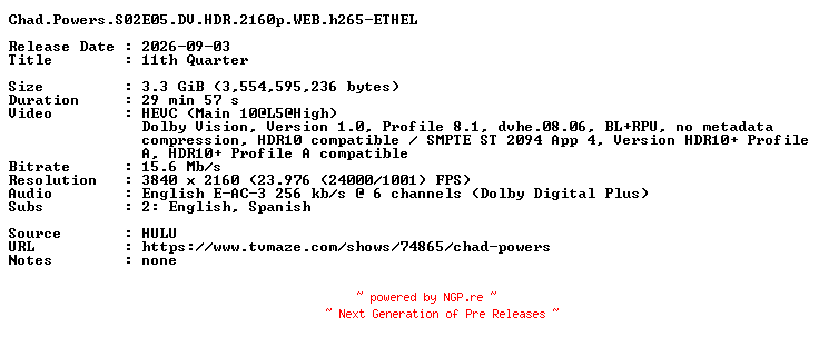 NFO for the release Chad.Powers.S02E05.DV.HDR.2160p.WEB.h265-ETHEL by ETHEL