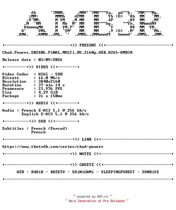 NFO for the release Chad.Powers.S02E06.FiNAL.MULTi.DV.2160p.WEB.H265-AMB3R by AMB3R