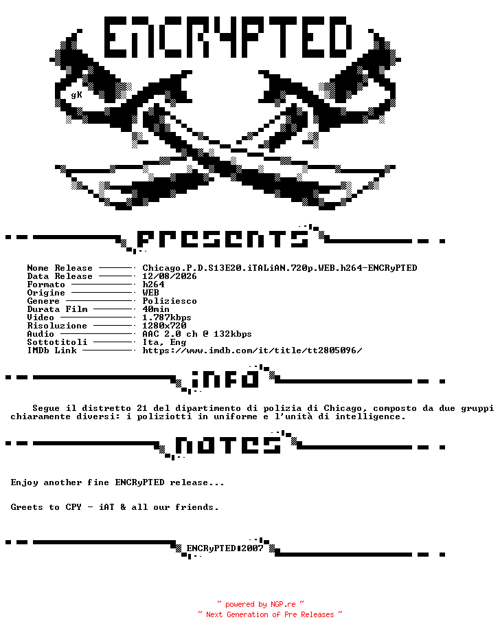 NFO for the release Chicago.P.D.S13E20.iTALiAN.720p.WEB.h264-ENCRyPTED by ENCRyPTED