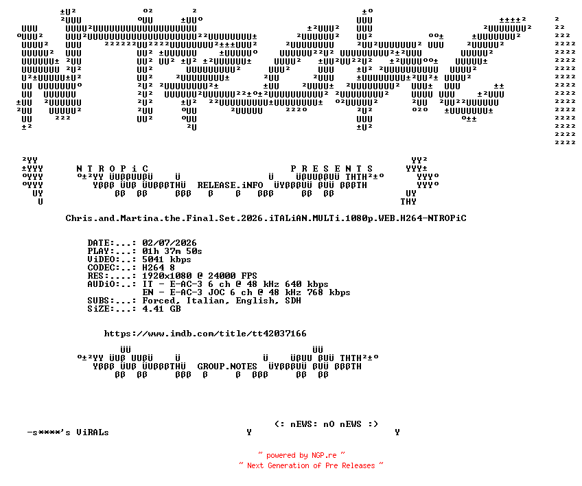NFO for the release Chris.and.Martina.the.Final.Set.2026.iTALiAN.MULTi.1080p.WEB.H264-NTROPiC by NTROPiC
