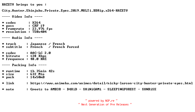 NFO for the release City.Hunter.Shinjuku.Private.Eyes.2019.MULTi.BDRip.x264-KAZETV by KAZETV