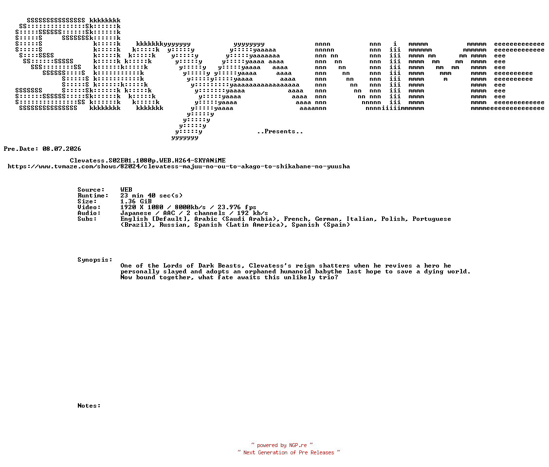 NFO for the release Clevatess.S02E01.1080p.WEB.H264-SKYANiME by SKYANiME