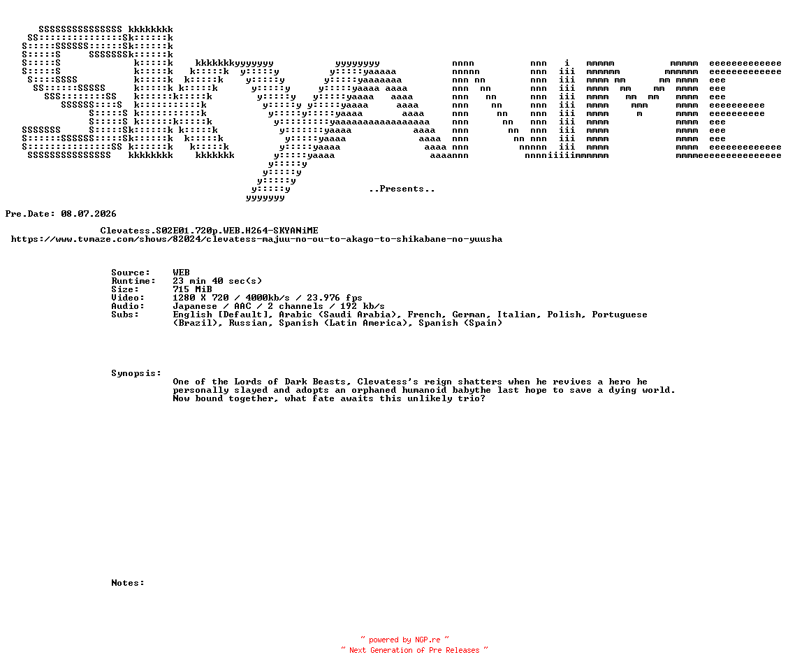 NFO for the release Clevatess.S02E01.720p.WEB.H264-SKYANiME by SKYANiME