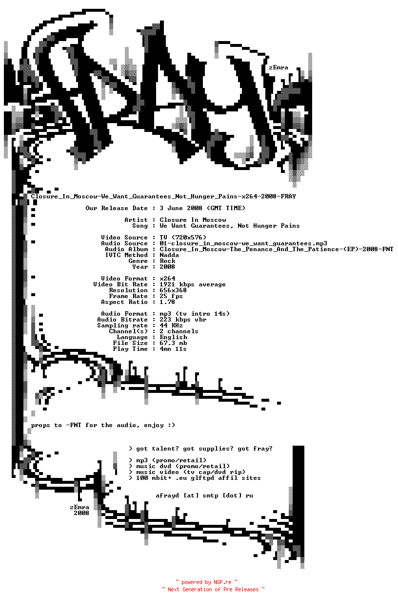 NFO for the release Closure_In_Moscow-We_Want_Guarantees_Not_Hunger_Pains-x264-2008-FRAY by FRAY