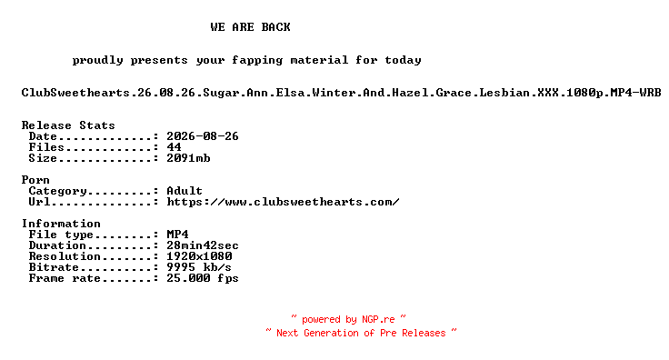 NFO for the release ClubSweethearts.26.08.26.Sugar.Ann.Elsa.Winter.And.Hazel.Grace.Lesbian.XXX.1080p.MP4-WRB by WRB