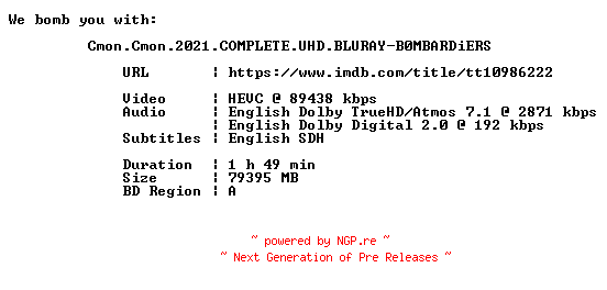 NFO for the release Cmon.Cmon.2021.COMPLETE.UHD.BLURAY-B0MBARDiERS by B0MBARDiERS