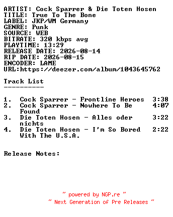 NFO for the release Cock_Sparrer_And_Die_Toten_Hosen-True_To_The_Bone-WEB-2026-SDR by SDR