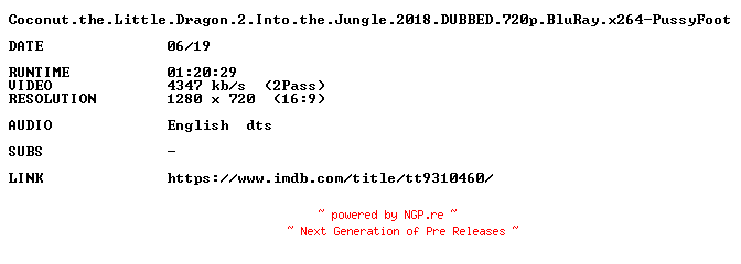 NFO for the release Coconut.the.Little.Dragon.2.Into.the.Jungle.2018.DUBBED.720p.BluRay.x264-PussyFoot by PussyFoot
